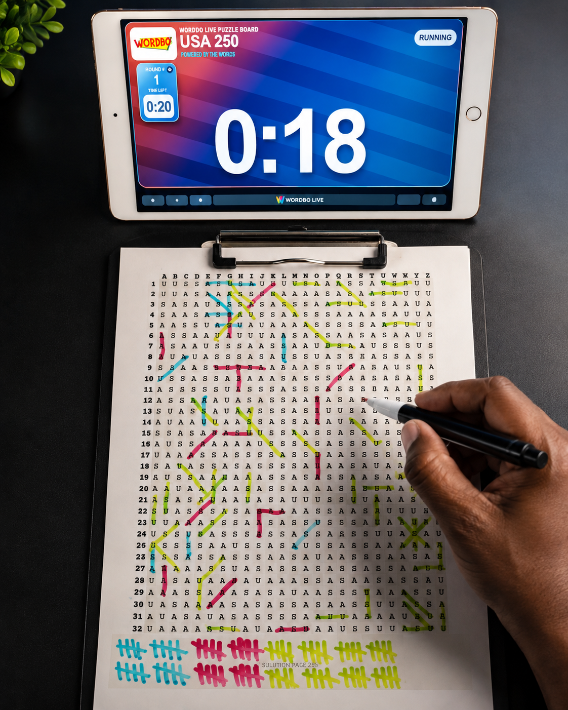 Wordbo LIVE setup with timer and coordinate puzzle